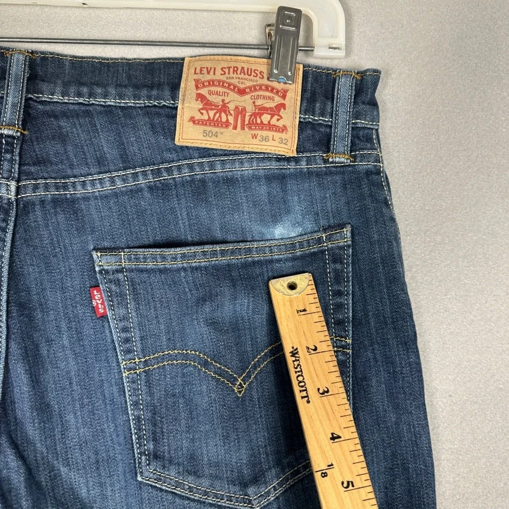 Levis 504 Jeans Mens 36X32 Blue Regular Straight Fit Dark Wash Stretch Denim